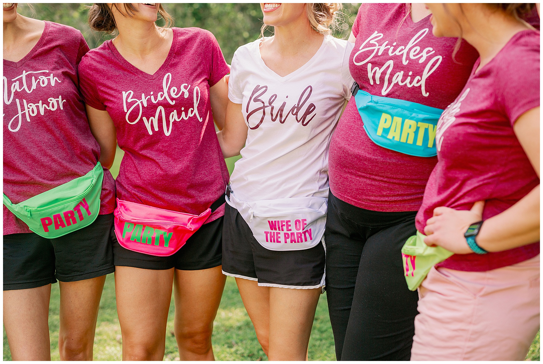 detail photo of bridesmaid gifts ideas including matching tshirts and fanny packs